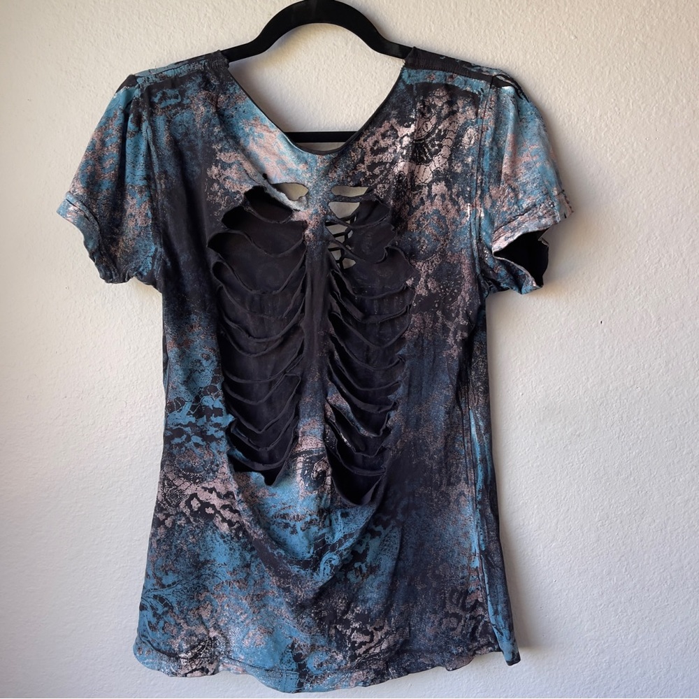 Rebel Saints Black Blue Lace Up Cutout Back V-Neck Top Shirt XL Whimsigoth